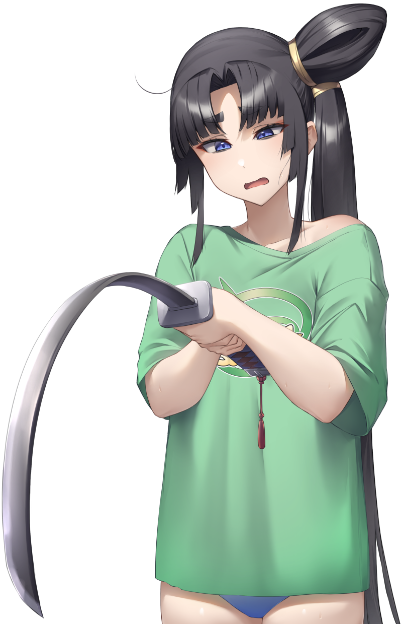 pinta (ayashii bochi), ushiwakamaru (fate), fate/grand order, fate (series), highres, 1girl, black hair, blue eyes, blush, breasts, green shirt, katana, long hair, medium breasts, open mouth, quick shirt, shirt, short sleeves, side ponytail, solo, sword, weapon