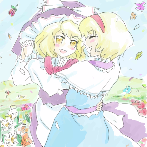 oisin, alice margatroid, kirisame marisa, touhou, lowres, 2girls, blonde hair, blue dress, blush, blush stickers, capelet, closed eyes, dancing, dress, female focus, field, flower, flower field, happy, hat, holding hands, interlocked fingers, multiple girls, open mouth, petals, short hair, smile, torso grab, witch, witch hat, yellow eyes, yuri
