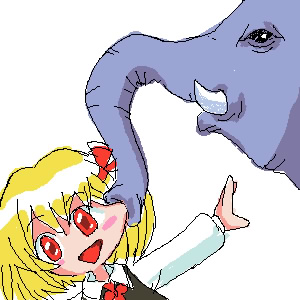 rumia, embodiment of scarlet devil, touhou, lowres, 1girl, blonde hair, elephant, female focus, red eyes, simple background, solo, what, white background