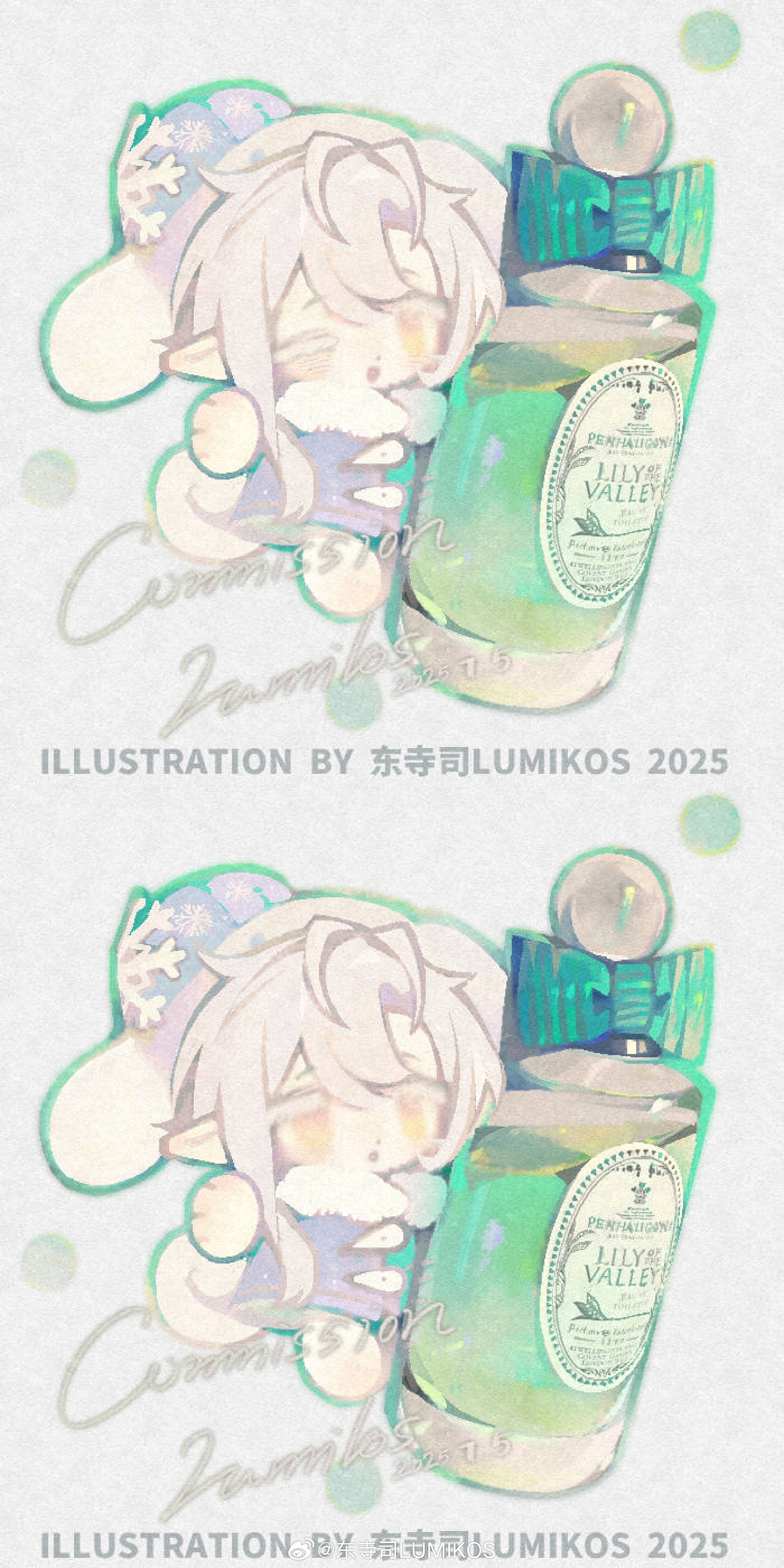lumikos, original, absurdres, highres, 1boy, animal ears, animal hood, bottle, chibi, chibi only, coat, english text, fur-trimmed coat, fur trim, glass bottle, hair between eyes, hat, holding, holding bottle, hood, male focus, mini person, multiple expressions, multiple views, nightcap, one eye closed, open mouth, perfume bottle, pointy ears, sample watermark, short hair, short hair with long locks, simple background, watermark, white hair, yellow eyes