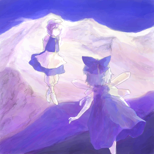 oisin, cirno, letty whiterock, touhou, lowres, 2girls, apron, blue bow, blue dress, blue hair, bow, dress, female focus, hair bow, hat, multiple girls, purple hair, ribbon, waist apron, wings