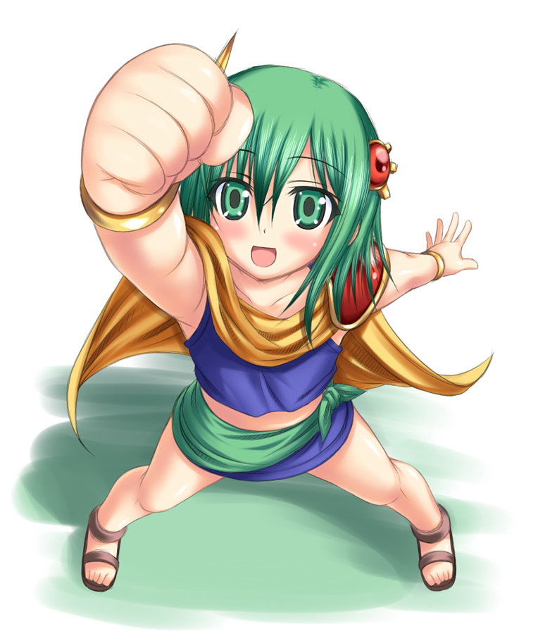 morimoto kiyona, rydia (ff4), rydia (young) (ff4), final fantasy, final fantasy iv, 1990s (style), 1girl, :d, aged down, arm up, cape, clenched hand, female focus, green eyes, green hair, matching hair/eyes, open mouth, retro artstyle, sandals, short hair, smile, solo