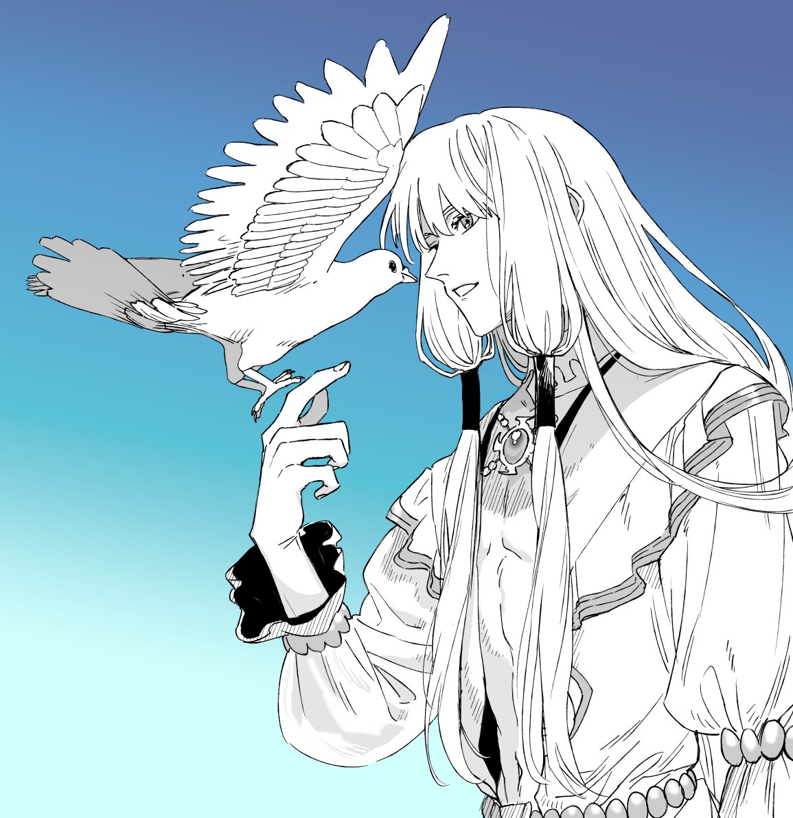 shikibreeki, noah (fate), fate/grand order, fate (series), 1boy, bird, blue background, choker, dove, gradient background, greyscale with colored background, jewelry, long hair, long sleeves, low-tied sidelocks, male focus, navel, necklace, open mouth, profile, robe, sidelocks, smile, solo, upper body, very long hair