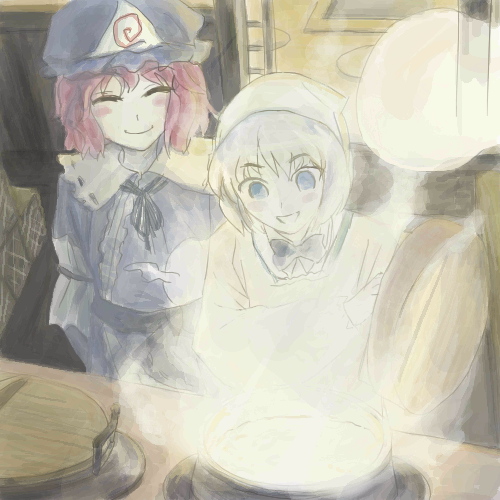 oisin, konpaku youmu, konpaku youmu (ghost), saigyouji yuyuko, touhou, lowres, 2girls, cooking, female focus, hat, hitodama, mob cap, multiple girls