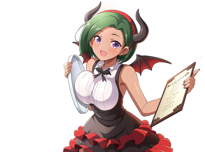 infinite stratos, infinite stratos: archetype breaker, non-web source, official art, 1girl, :d, bare shoulders, blush, bow, breasts, clipboard, dark skin, demon, fake horns, green hair, hairband, holding, horns, large breasts, looking at viewer, nail polish, open mouth, purple eyes, shirt, short hair, skirt, sleeveless, sleeveless shirt, smile, solo, tan, vishnu isa galaxy, wings