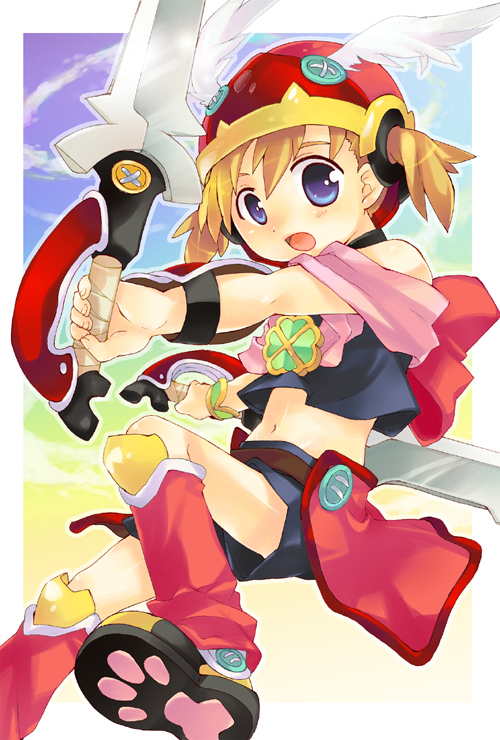 tachitsu teto, akazukin (otogi-juushi akazukin), otogi-juushi akazukin, 00s, 1girl, :d, armlet, bare shoulders, blonde hair, blue eyes, blush, brown hair, cape, female focus, helmet, jewelry, looking at viewer, midriff, navel, open mouth, paw print, rainbow background, shorts, smile, solo, stomach, tareme, twintails