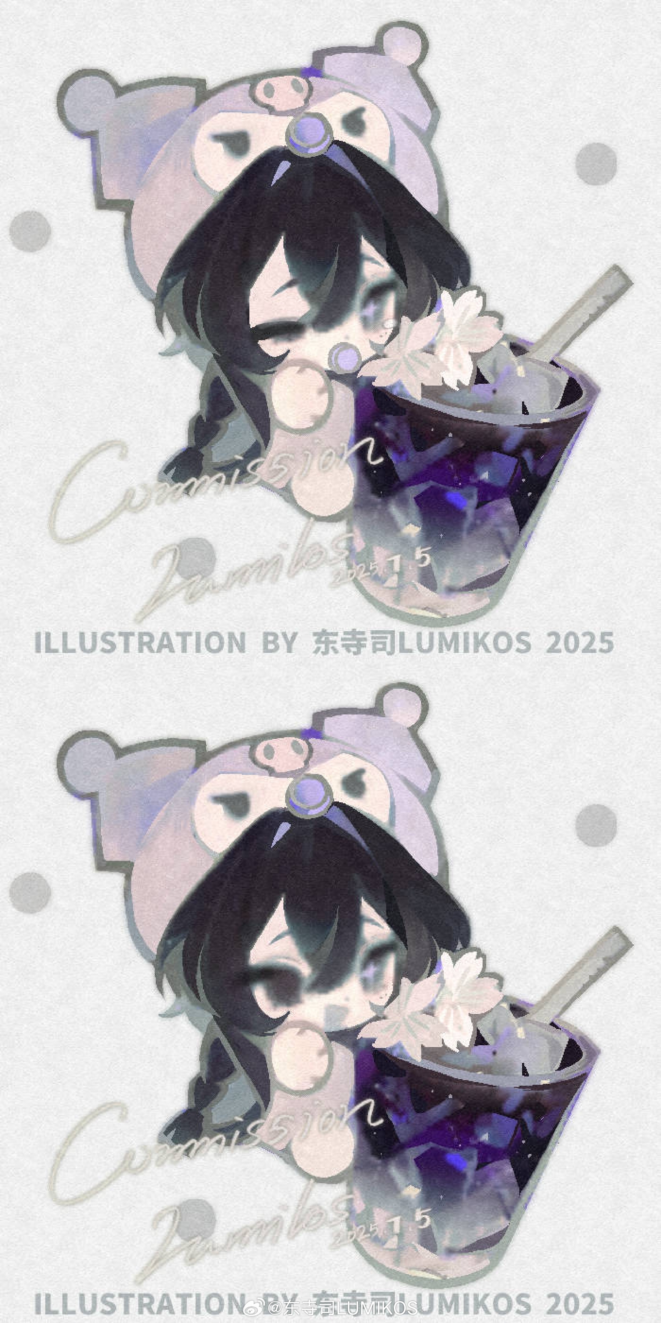 lumikos, original, absurdres, highres, variant set, 1girl, animal hood, black eyes, black hair, cape, chibi, chibi only, cup, drinking glass, english text, flower, hair between eyes, hair intakes, hat, heterochromia, holding, hood, ice, ice cube, long hair, mini person, multiple expressions, multiple views, one eye closed, open mouth, purple eyes, sample watermark, simple background, watermark