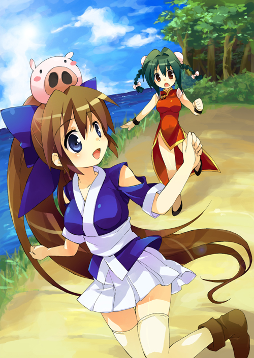 tachitsu teto, mei mei (nagasarete airantou), suzu (nagasarete airantou), tonkatsu (nagasarete airantou), nagasarete airantou, 00s, 2girls, breasts, chasing, china dress, chinese clothes, cloud, day, dress, long hair, medium breasts, multiple girls, object on head, outdoors, pig, ponytail, running, sky, thighhighs, tree, very long hair, water