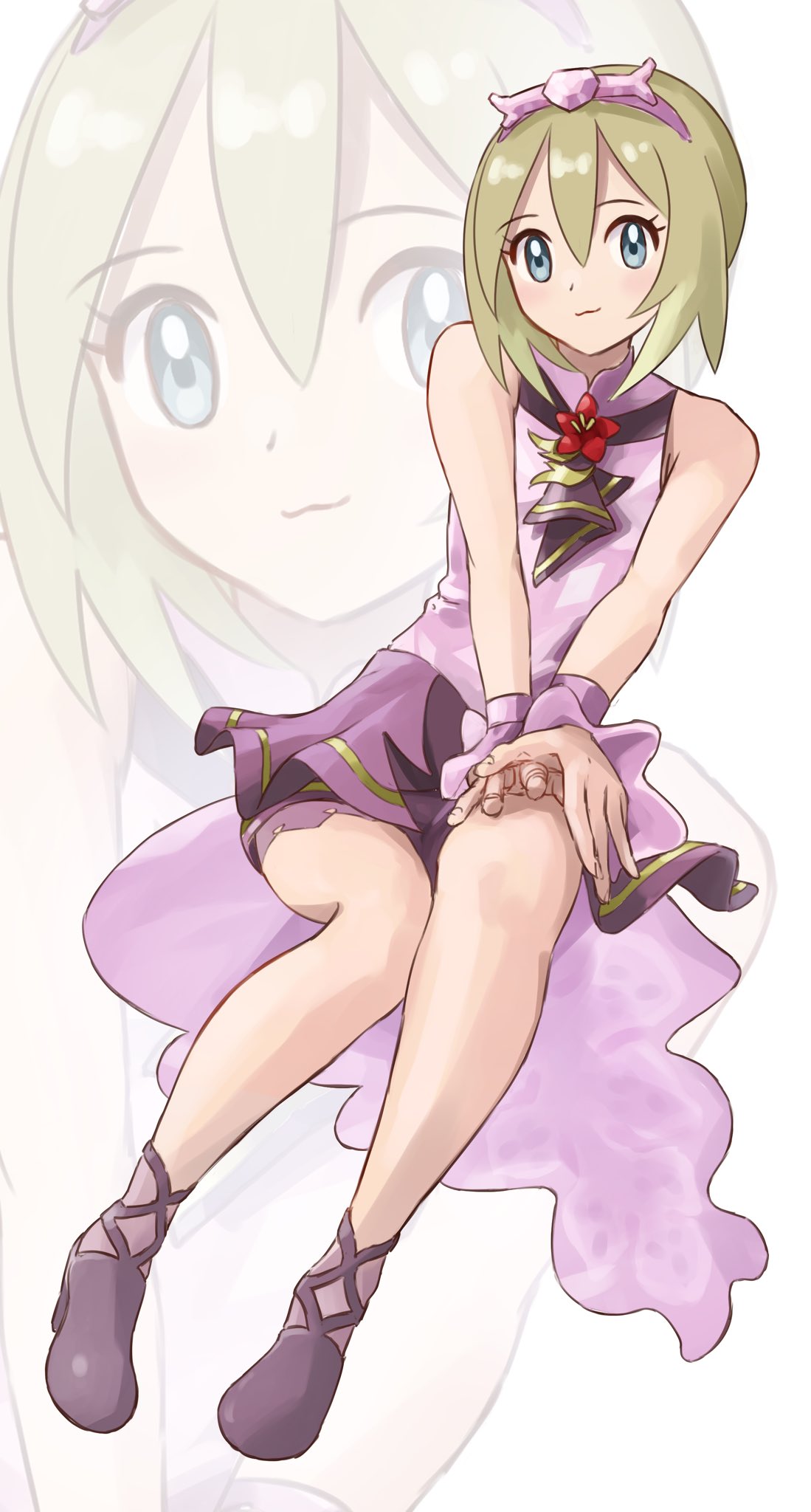 mikan (mikan no happa), irida (anniversary 2025) (pokemon), irida (pokemon), nintendo, pokemon, pokemon masters ex, highres, 1girl, bare shoulders, blonde hair, blush, breasts, closed mouth, dress, flower, hair between eyes, headband, looking at viewer, neckerchief, official alternate costume, purple dress, purple headband, purple neckerchief, purple shorts, purple wrist cuffs, shoes, short hair, shorts, shorts under dress, sleeveless, sleeveless dress, smile, wrist cuffs