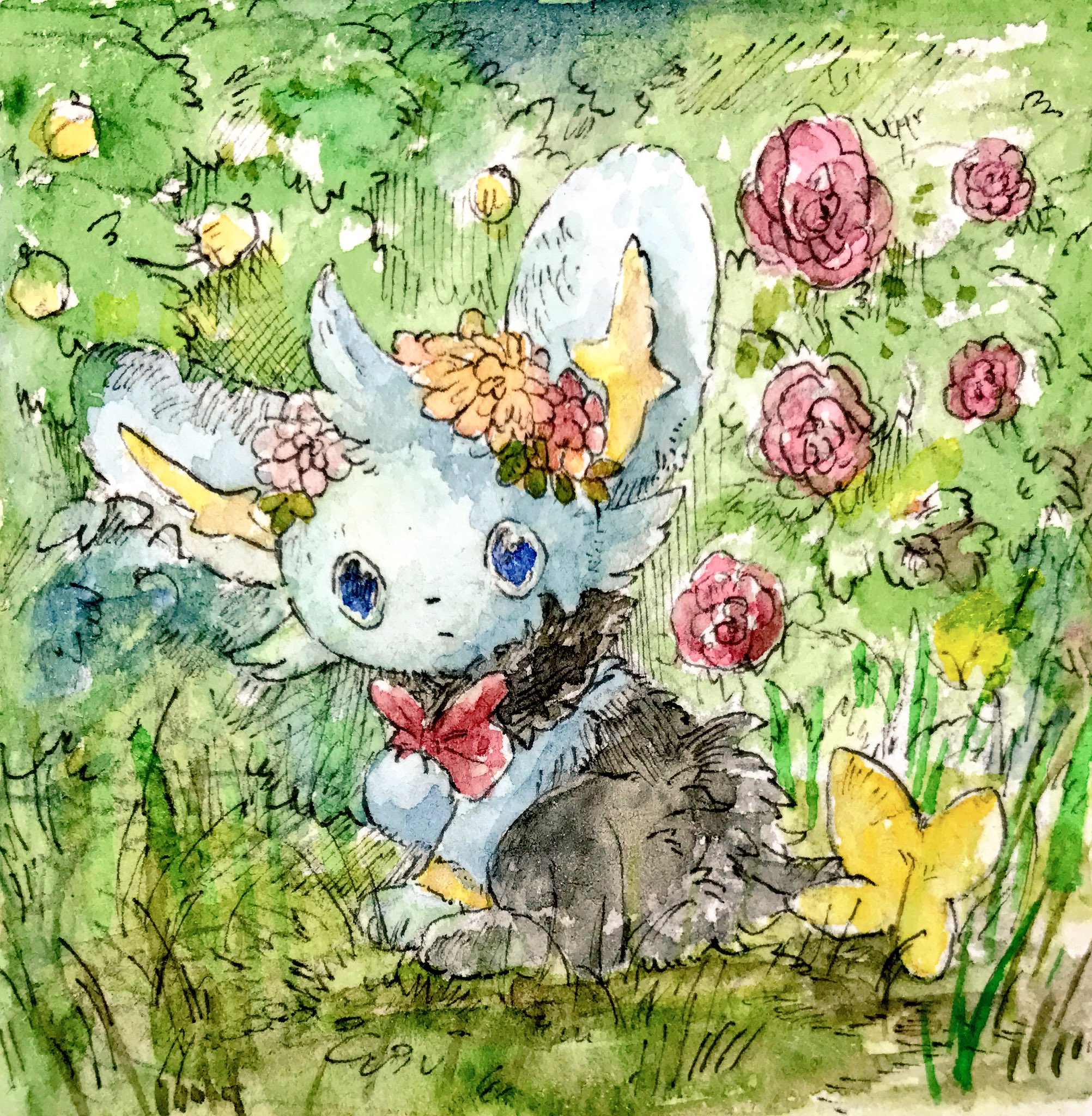 mint nappa, shinx, nintendo, pokemon, commentary request, highres, painting (medium), traditional media, watercolor (medium), blue eyes, bow, bush, closed mouth, flower, full body, gen 4 pokemon, grass, head wreath, looking at viewer, no humans, outdoors, pokemon (creature), red bow, red flower