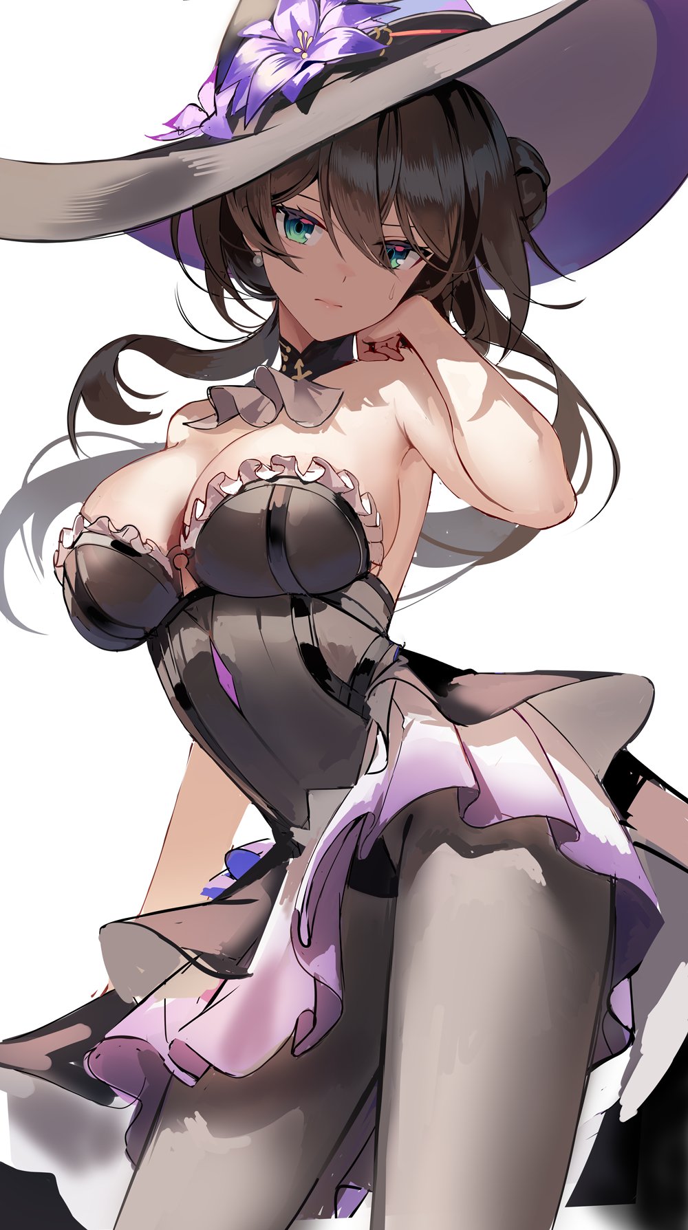 silence girl, herta (honkai: star rail), ruan mei (honkai: star rail), the herta (honkai: star rail), honkai: star rail, honkai (series), highres, unfinished, 1girl, black hair, breasts, cleavage, closed mouth, cosplay, flower, green eyes, grey pantyhose, hat, hat flower, large breasts, long hair, pantyhose, purple flower, simple background, solo, standing, sweat, the herta (honkai: star rail) (cosplay), white background, witch hat