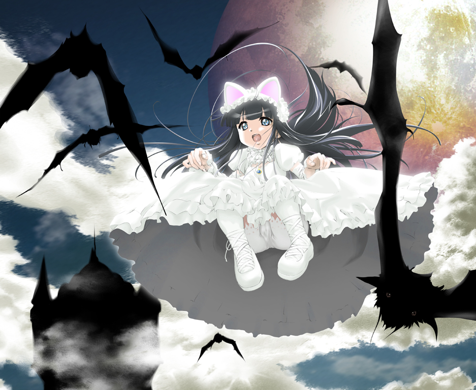 komame (wanton), hazuki (tsukuyomi), tsukuyomi moonphase, 00s, 1girl, animal ears, bat (animal), blue eyes, cat ears, cloud, female focus, moon, solo