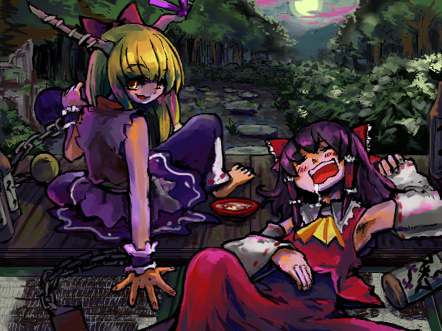luft (luft dokka), hakurei reimu, ibuki suika, touhou, 2girls, :d, armpits, blush, bow, bowtie, bush, collar, detached sleeves, dress, drunk, female focus, flower, frills, full moon, hair bow, hair tubes, horns, long sleeves, lying, moon, moss, multiple girls, night, on back, oni, open mouth, outdoors, plant, red bow, red bowtie, red dress, ribbon-trimmed sleeves, ribbon trim, sidelocks, sitting, smile, stairs, teeth
