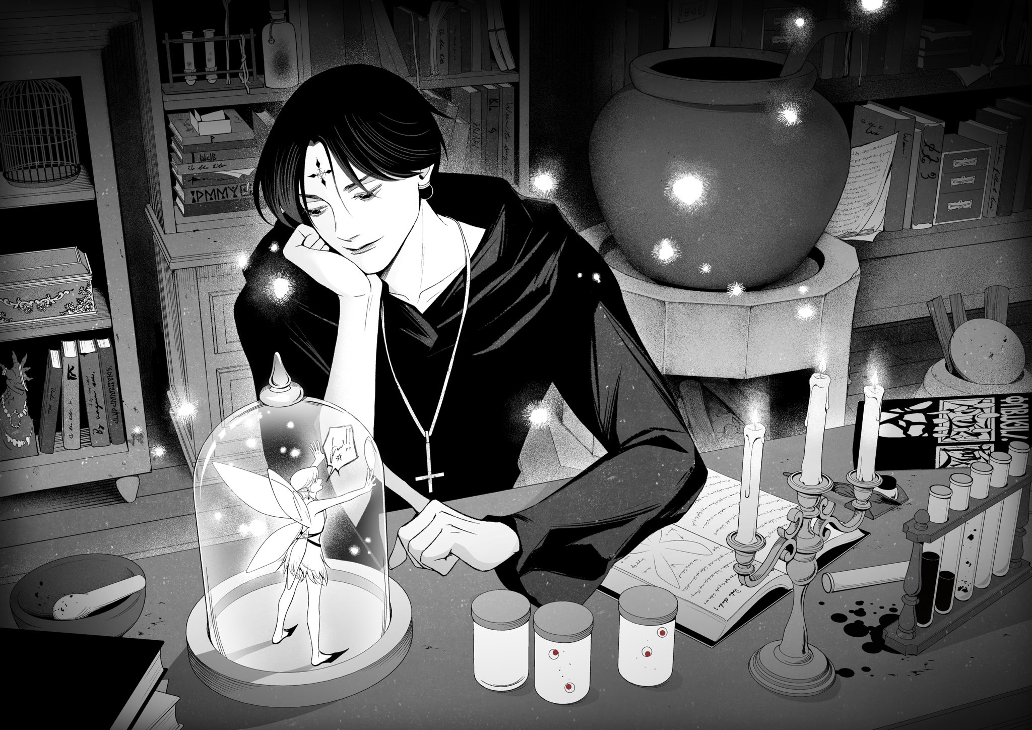chrollo lucilfer, kurapika, hunter x hunter, highres, 2boys, 63roku63, alternate universe, black hair, black robe, closed mouth, crossdressing, crossdressing (mtf), facial mark, fairy, fantasy, forehead mark, greyscale, lips, male focus, mini person, miniboy, monochrome, multiple boys, robe, short hair, trap, upper body