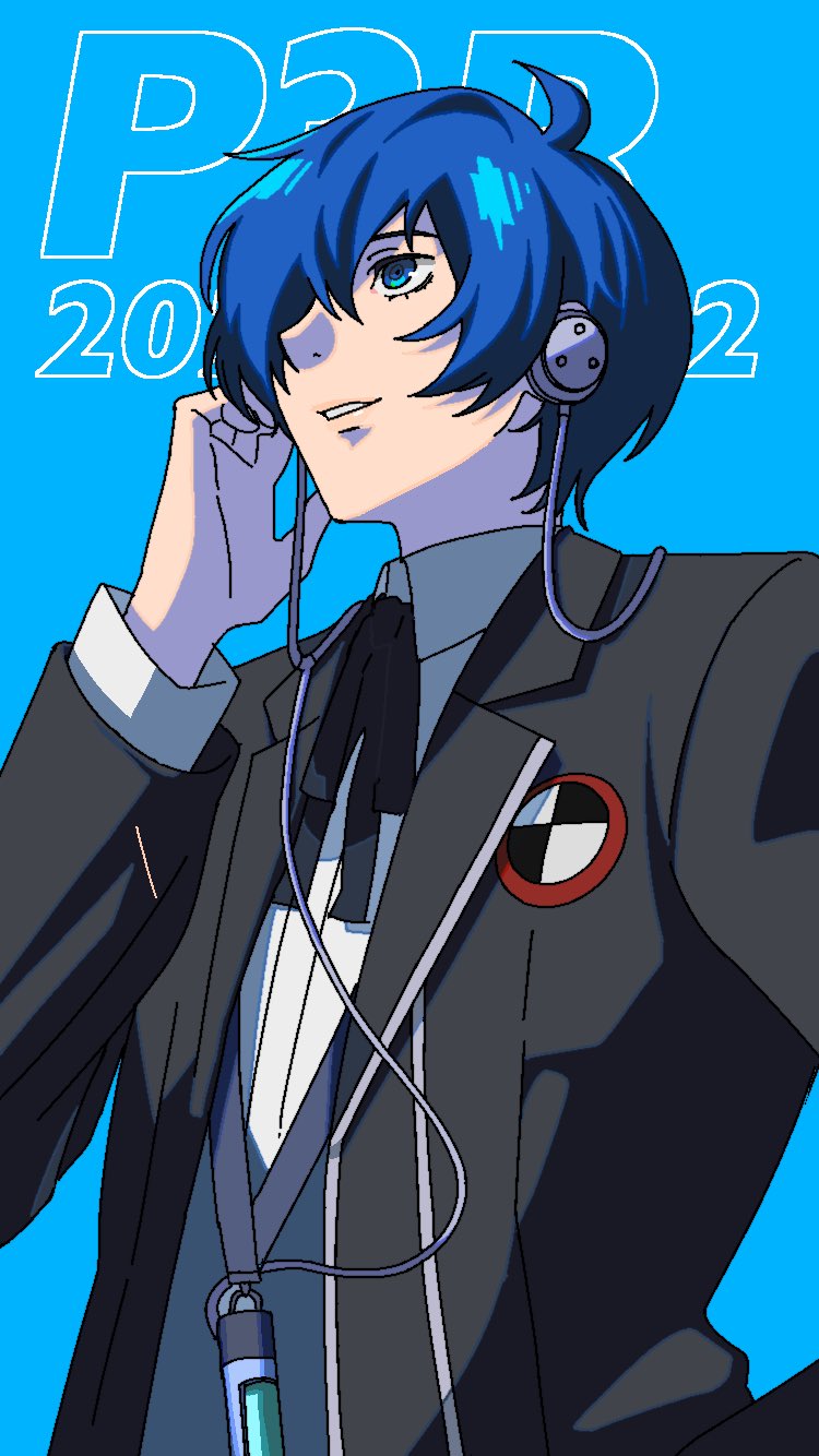 nakamura01234, yuuki makoto (persona 3), persona, persona 3, persona 3 reload, highres, 1boy, black jacket, black ribbon, blazer, blue background, blue eyes, blue hair, collared shirt, copyright name, digital media player, dress shirt, gekkoukan high school uniform, hair over one eye, headphones, jacket, long sleeves, looking up, male focus, neck ribbon, ribbon, ringed eyes, school uniform, shirt, short hair, simple background, smile, solo, upper body, white shirt
