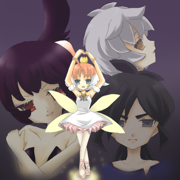 toda ayu, ahiru (princess tutu), fakir (princess tutu), mytho (princess tutu), mythos, princess kraehe, princess tutu (character), rue (princess tutu), princess tutu, silver hair, 00s, 2boys, 2girls, :d, armpits, arms up, ballerina, ballet, ballet slippers, bare shoulders, black hair, blue eyes, blush, brooch, brown eyes, crossed arms, dress, expressionless, full body, gem, jewelry, looking at viewer, multiple boys, multiple girls, open mouth, orange hair, pantyhose, purple hair, red eyes, smile, standing, tutu, white dress