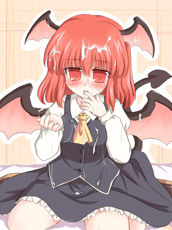 ry (yagoyago), koakuma, embodiment of scarlet devil, touhou, 1girl, cum, cum on body, facial, female focus, head wings, necktie, red eyes, red hair, solo, wings