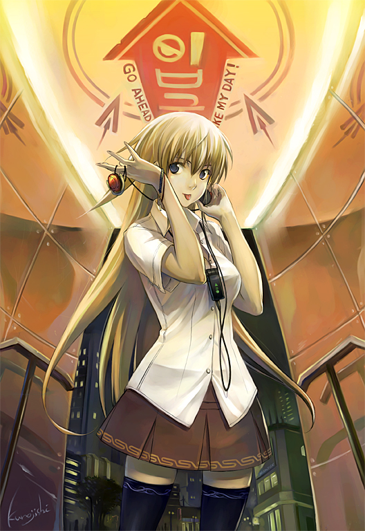 kurojishi, original, bad id, bad pixiv id, 1girl, :p, blonde hair, blue eyes, digital media player, earphones, female focus, headphones, ipod, long hair, solo, thighhighs, tongue, tongue out, zettai ryouiki
