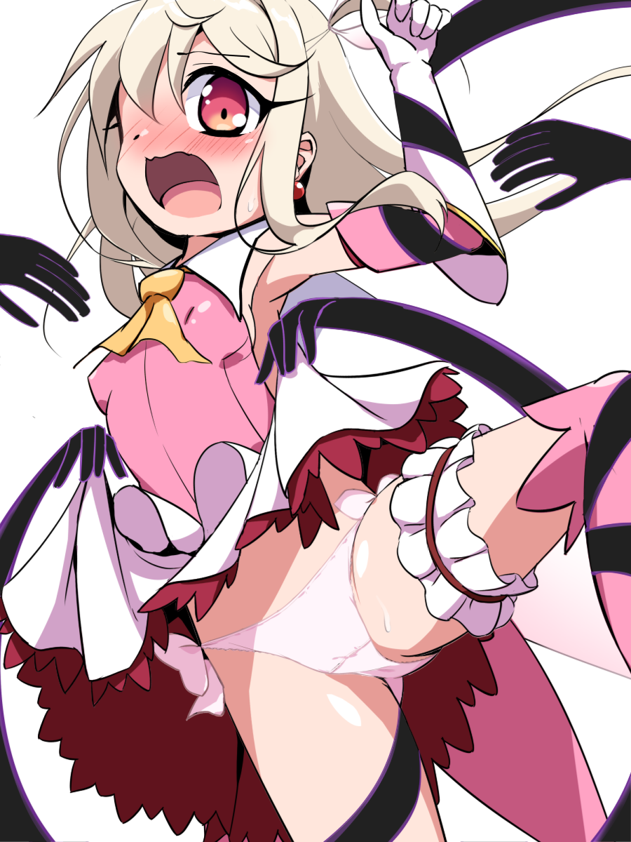 kuu nekoneko, illyasviel von einzbern, prisma illya, fate/kaleid liner prisma illya, fate (series), highres, armpits, blush, clothes lift, detached sleeves, frilled skirt, frills, full-face blush, gloves, magical girl, panties, pink eyes, restrained, skirt, skirt lift, spread legs, thighhighs, underwear, white hair, white panties