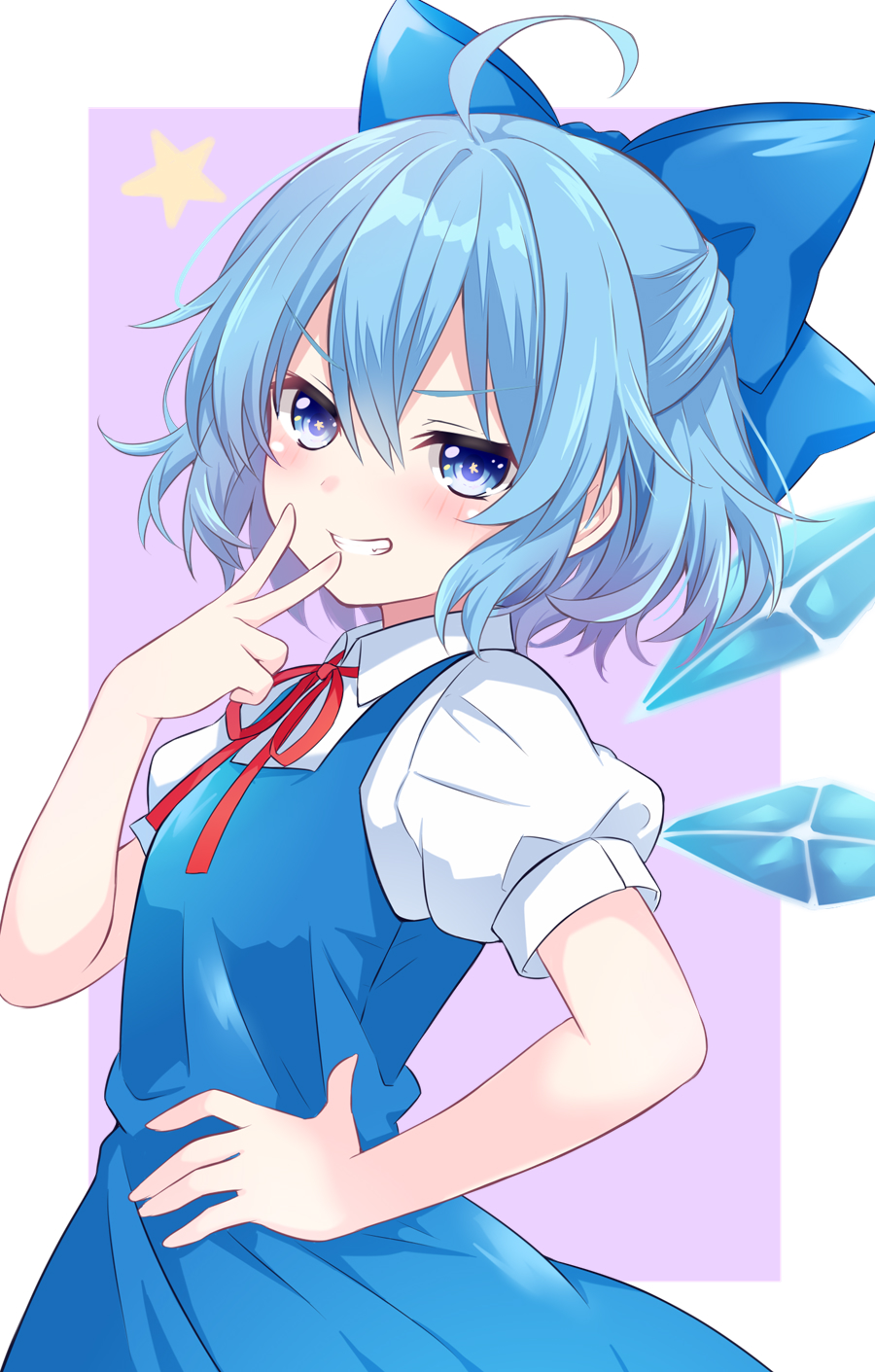tanaka shoushou fumimaro, cirno, touhou, highres, 1girl, blue bow, blue dress, blue eyes, blue hair, blush, border, bow, collared shirt, cowboy shot, detached wings, dress, finger to mouth, grin, hair bow, hand on own hip, open mouth, purple background, red ribbon, ribbon, shirt, short hair, short sleeves, smile, solo, star (symbol), star in eye, symbol in eye, v, white border, white shirt, wings