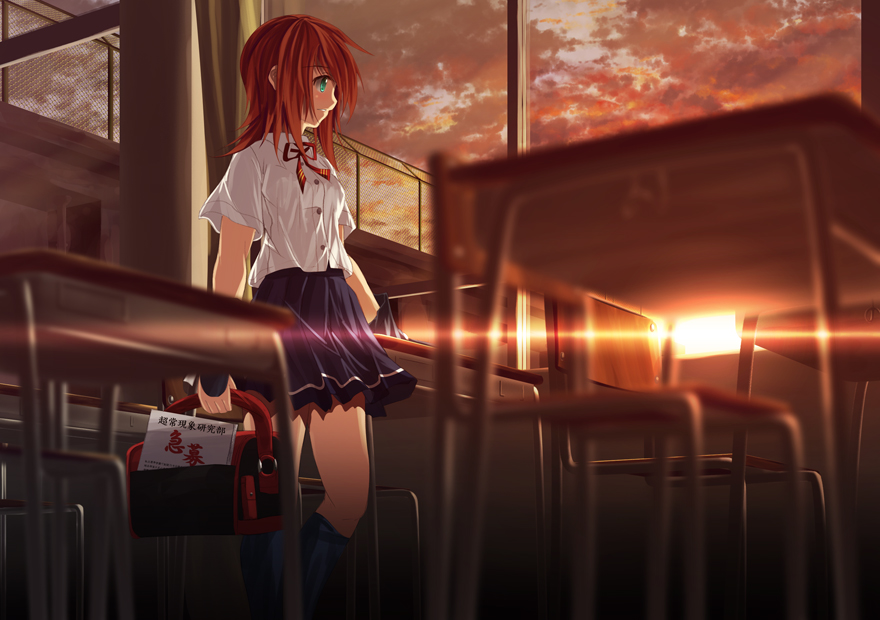 original, 1girl, chain-link fence, classroom, desk, female focus, fence, green eyes, red hair, school, school desk, school uniform, serafuku, solo, sunset