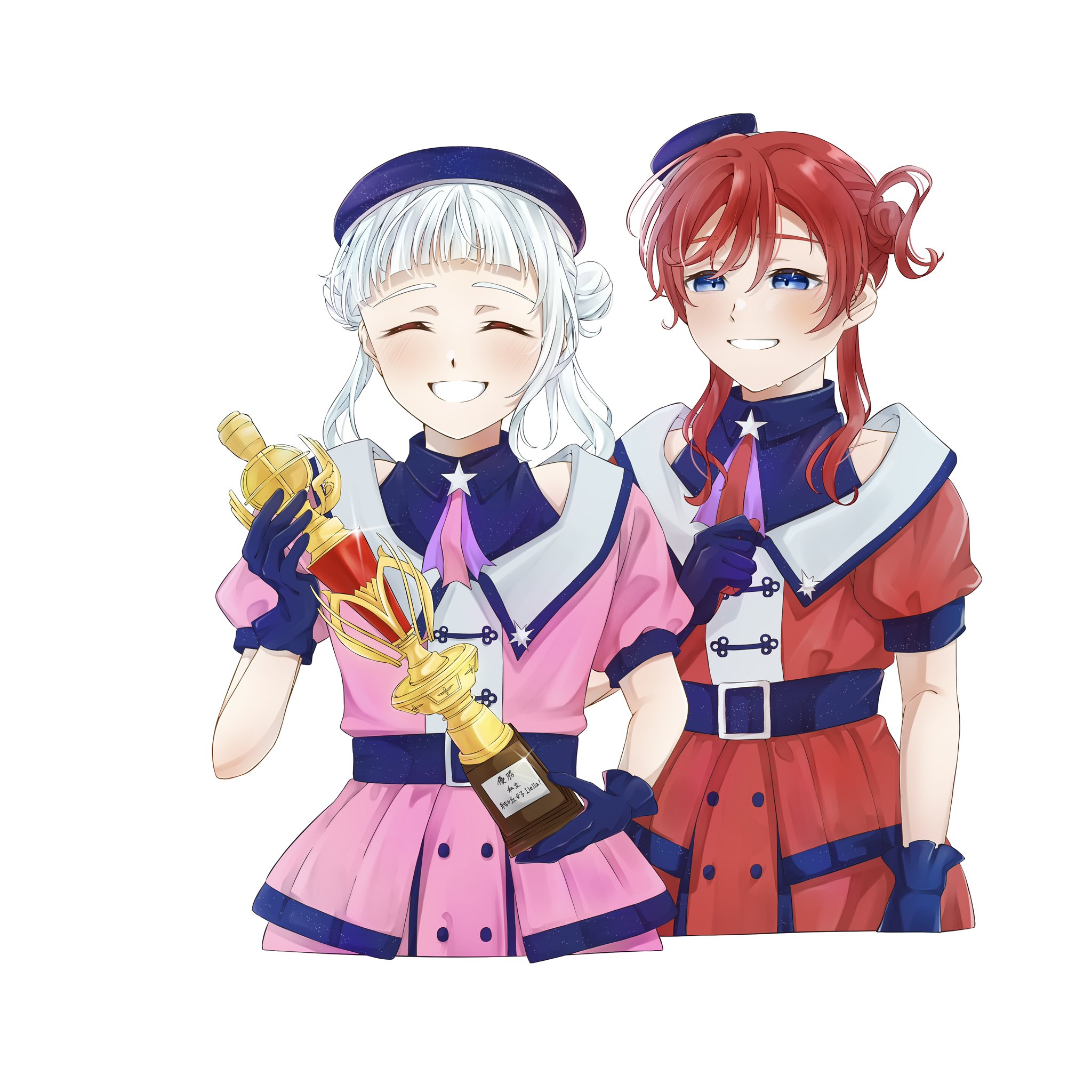 wotaku jinsei enjoy ikioi, arashi chisato, yoneme mei, love live!, love live! superstar!!, commentary request, highres, 2girls, arm at side, belt, beret, blue eyes, blunt bangs, double bun, facing viewer, gloves, hair bun, hand up, hat, holding, holding trophy, looking at another, multiple girls, official alternate costume, red hair, short hair with long locks, short sleeves, simple background, single hair bun, star (symbol), superstar!! (love live!), trophy, white background, white hair
