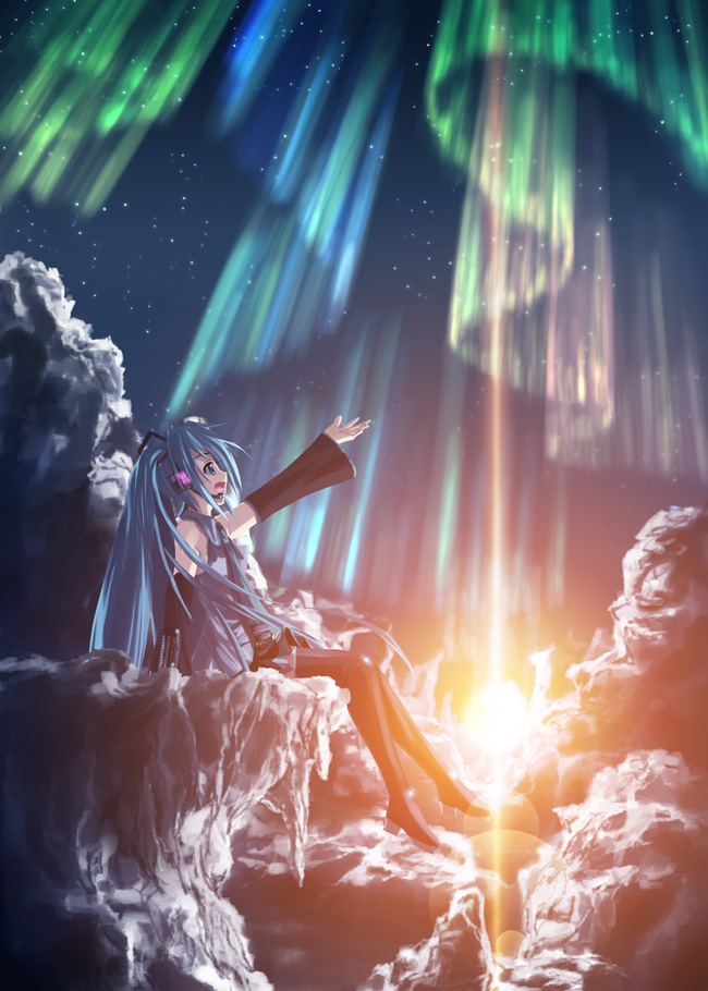 koji, kouji (astral reverie), hatsune miku, vocaloid, aurora, detached sleeves, hair ornament, headphones, headset, long hair, necktie, night, sitting, skirt, solo, star (symbol), thighhighs, twintails, very long hair, zettai ryouiki