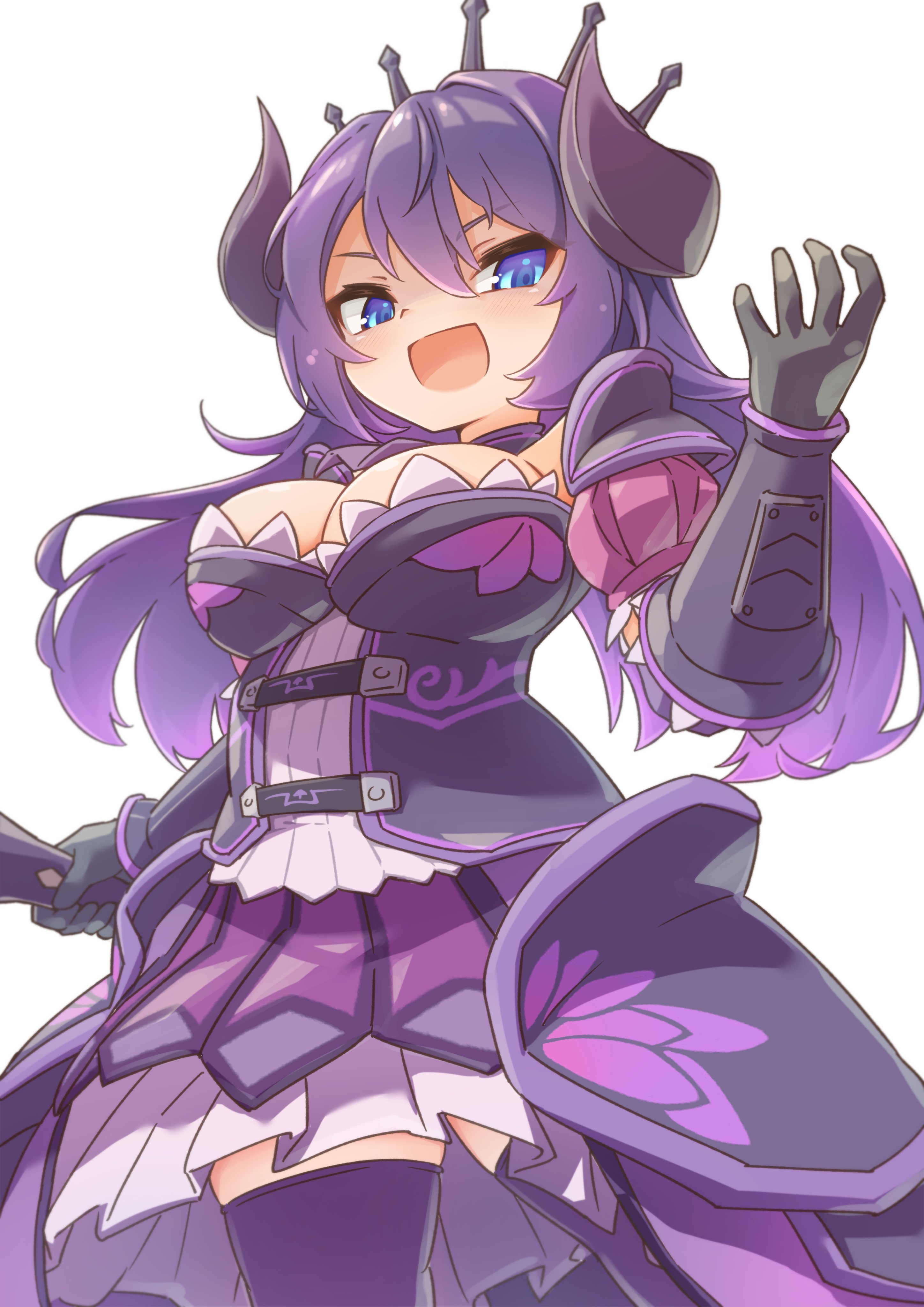 silver-index, necro-armor alma, emil chronicle online, absurdres, highres, armor, armored gloves, armored skirt, blue eyes, bodice, breasts, cleavage, corset, dress, evil smile, gloves, horns, large breasts, long hair, off-shoulder dress, off shoulder, open mouth, pleated skirt, purple corset, purple gloves, purple hair, purple shirt, purple skirt, shirt, shoulder armor, skirt, smile