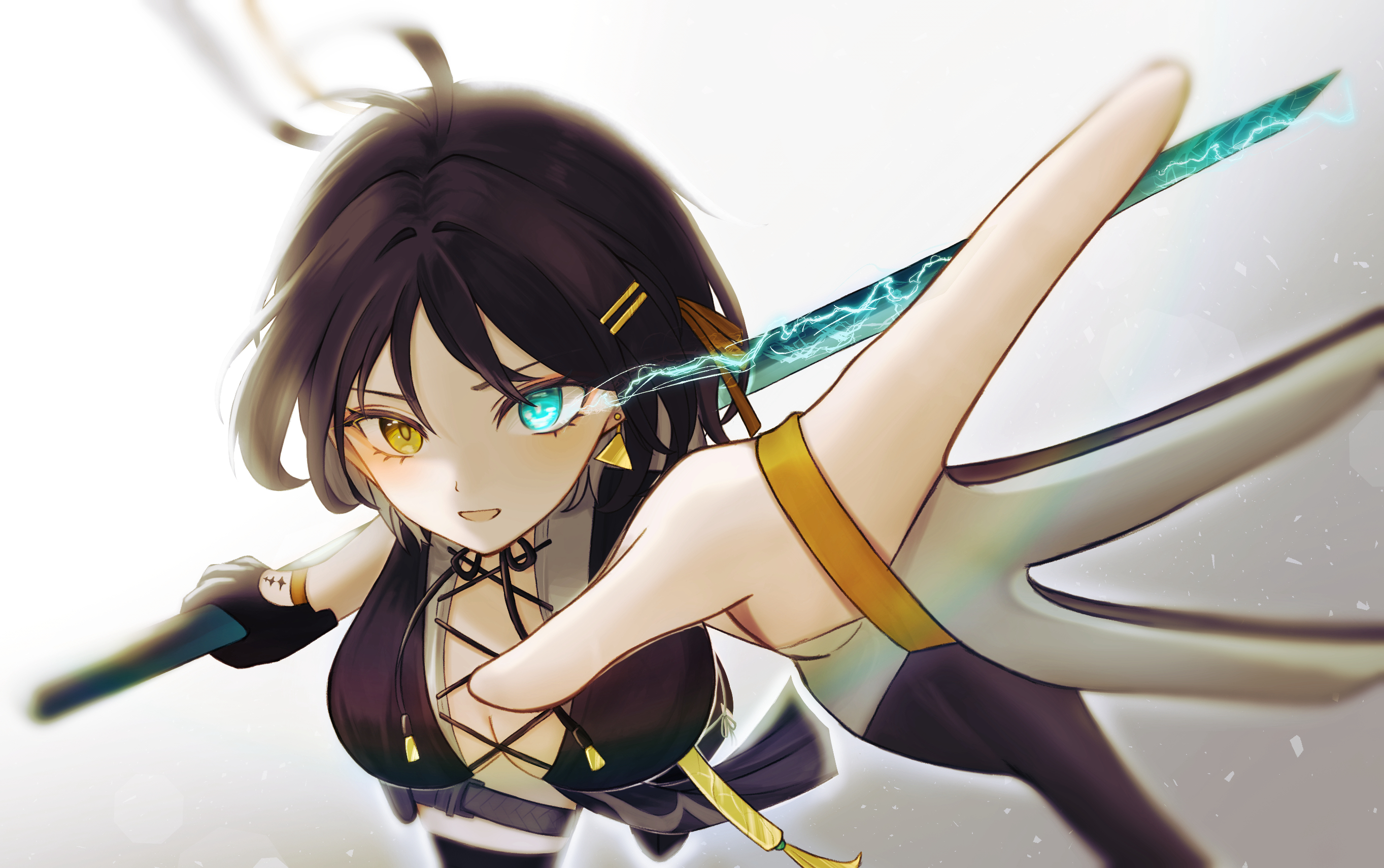 female rover (wuthering waves), rover (wuthering waves), wuthering waves, commentary, highres, 0 tsunamayo 0, 1girl, aqua eyes, black dress, black hair, breasts, cleavage, cross-laced clothes, cross-laced dress, dress, earrings, hair ornament, hairclip, heterochromia, holding, holding sword, holding weapon, jewelry, medium breasts, parallel hairclips, parted lips, solo, sword, triangle earrings, weapon, yellow eyes