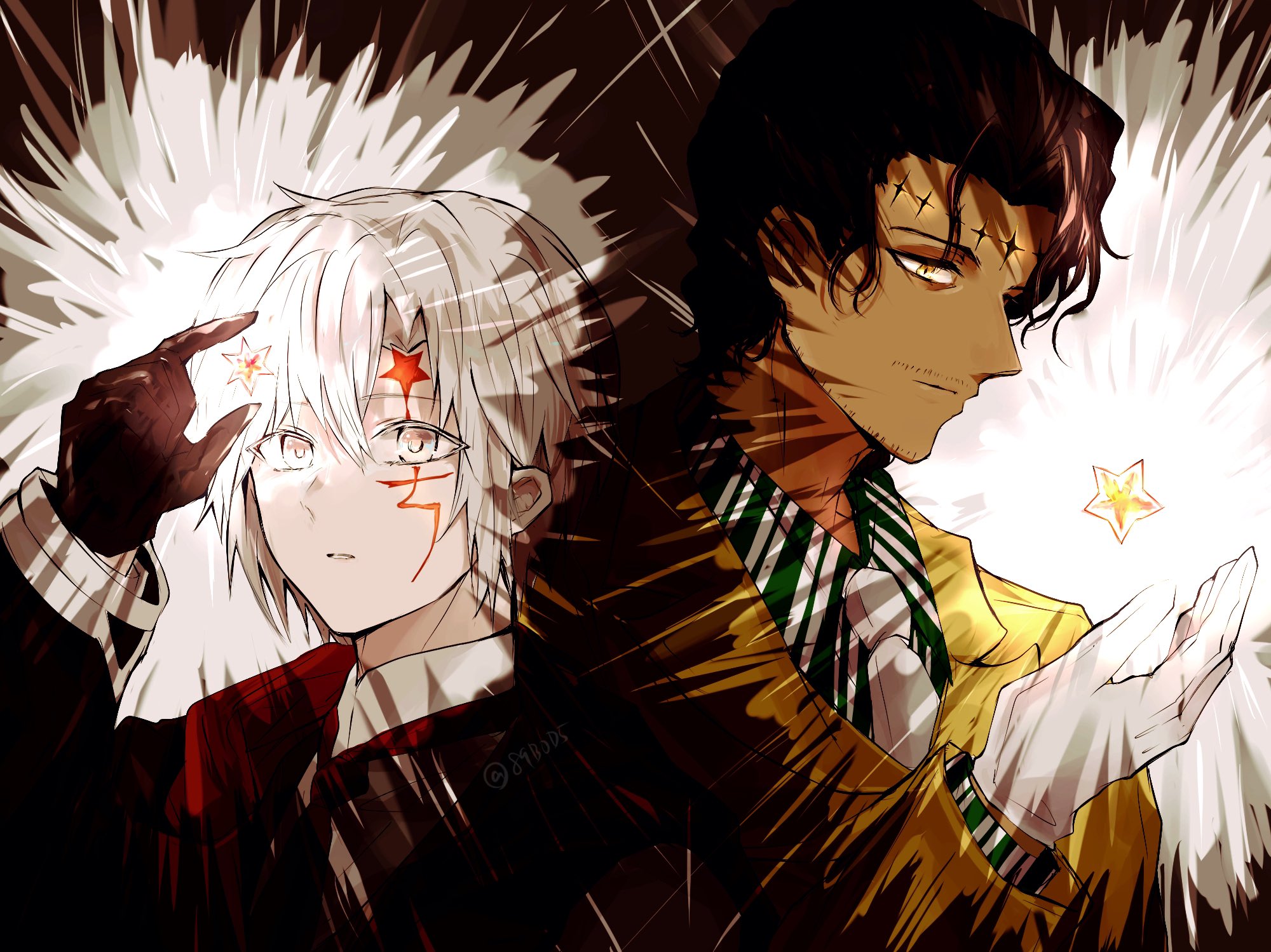 sodamachi, allen walker, mana walker, d.gray-man, highres, 2boys, adoptive parent and adoptive child, black background, black coat, brown background, brown gloves, brown hair, coat, collared coat, collared shirt, dark-skinned male, dark skin, facial hair, facial mark, father and son, forehead mark, gloves, glowing, green shirt, grey eyes, hair between eyes, holding, holding star, looking at object, looking down, mature male, multiple boys, necktie, noah (d.gray-man), parted lips, red necktie, scar, scar across eye, scar on face, shirt, short hair, sidelocks, star (symbol), star facial mark, step-parent and step-child, striped clothes, striped coat, striped shirt, vertical-striped coat, white gloves, white hair, white necktie, white shirt, yellow coat, yellow eyes