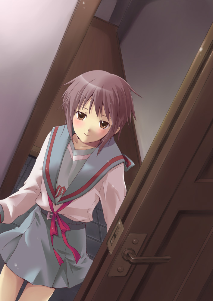 hijiki (hijikini), hijikini, nagato yuki, suzumiya haruhi no yuuutsu, eyebrows, bad id, bad pixiv id, 00s, 1girl, blue skirt, blush, buckle, closed mouth, cowboy shot, female focus, hijiniki, house, long sleeves, looking at viewer, miniskirt, open door, purple hair, red ribbon, ribbon, school uniform, serafuku, short hair, skirt, smile, solo, tile floor, tiles, wooden floor, yellow eyes