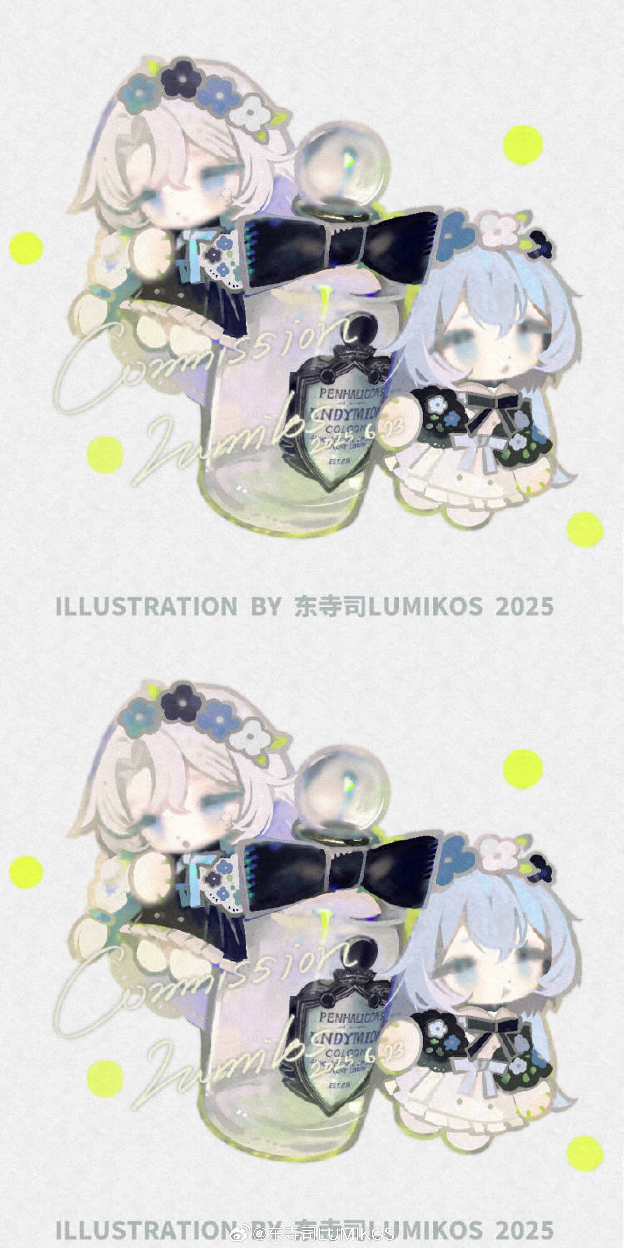 lumikos, original, absurdres, highres, 2girls, black bow, black dress, blue eyes, blue hair, bottle, bow, bowtie, chibi, chibi only, dress, english text, flower, frilled dress, frills, hair between eyes, hair flower, hair ornament, long hair, mini person, multiple girls, multiple views, perfume bottle, sample watermark, simple background, watermark, white dress, white hair