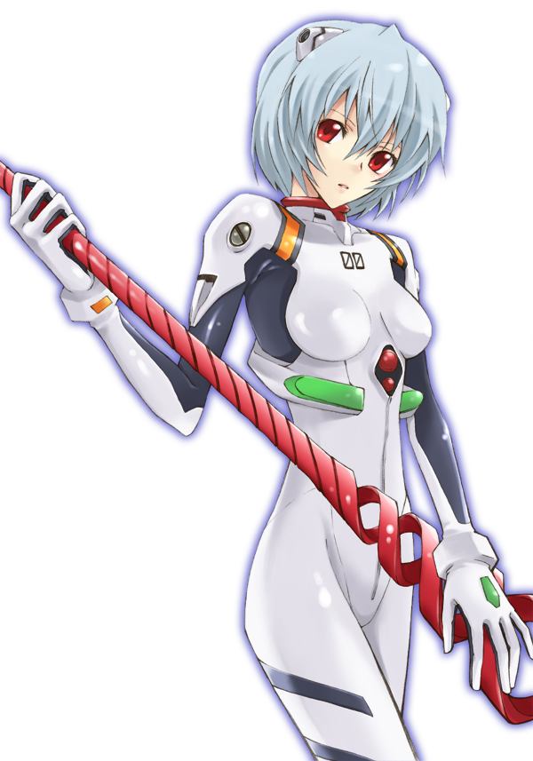 hijiki (hijikini), hijikini, ayanami rei, neon genesis evangelion, bad id, bad pixiv id, 1girl, blue hair, female focus, hijiniki, interface headset (evangelion), lance of longinus (evangelion), mecha pilot suit, pale skin, plugsuit (evangelion), red eyes, short hair, solo, weapon