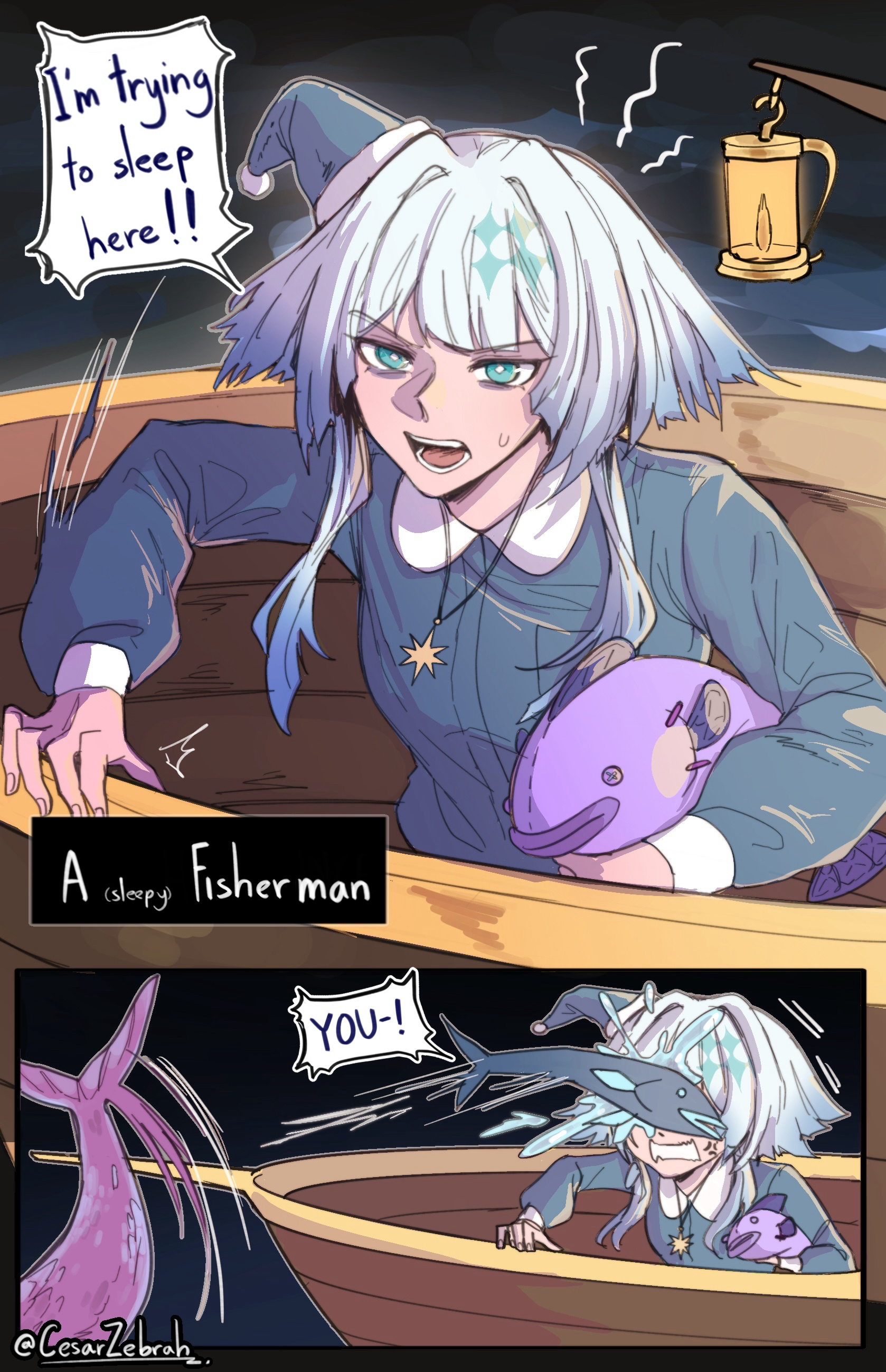 cesar zebrah, cerydra (honkai: star rail), hysilens (honkai: star rail), honkai: star rail, honkai (series), absurdres, commentary, highres, 2girls, blue eyes, blue hair, blue shirt, boat, hat, holding, holding stuffed toy, lantern, long hair, multiple girls, nightcap, shirt, speech bubble, stuffed animal, stuffed fish, stuffed toy, watercraft