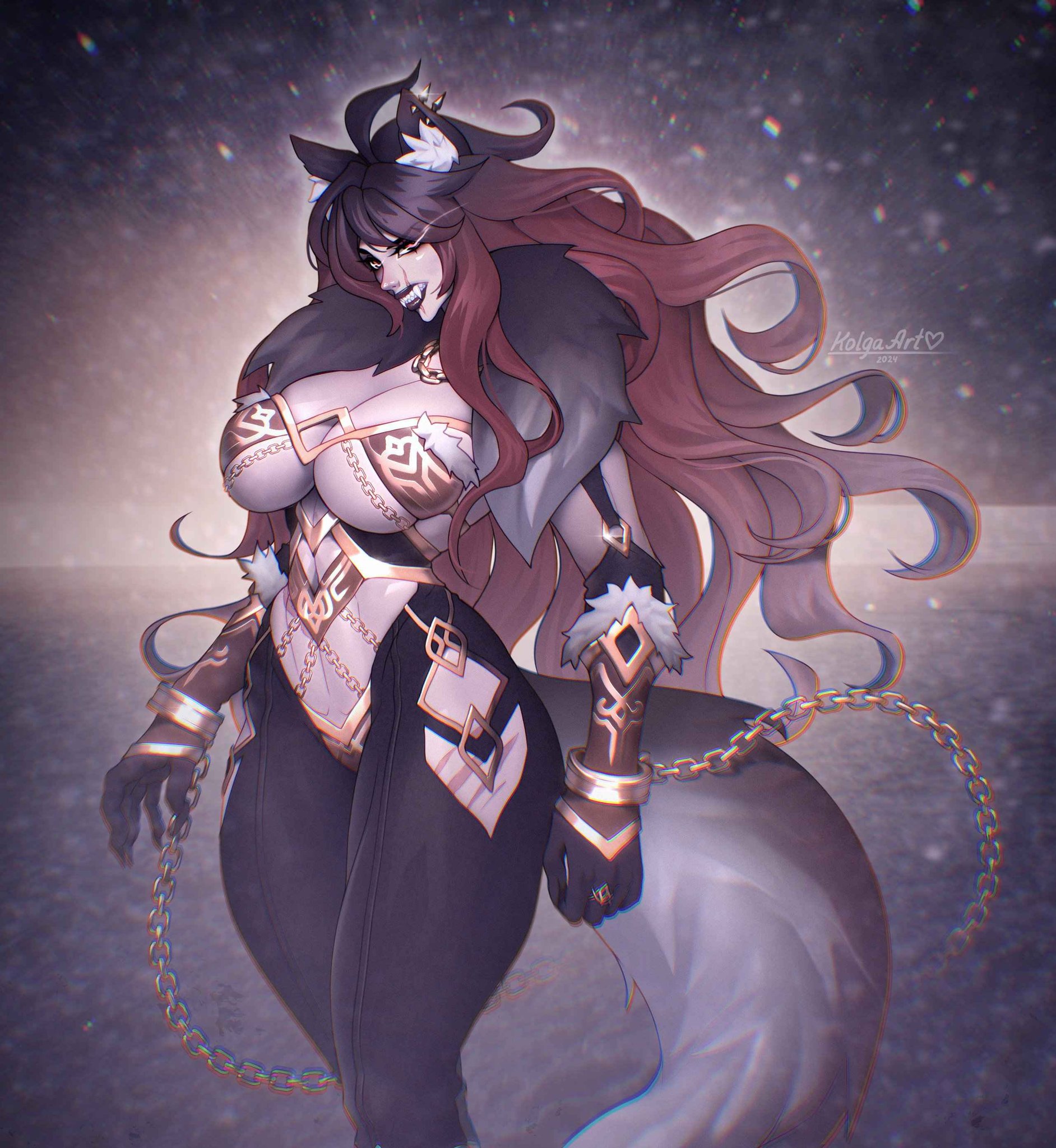 kolga art, highres, 1girl, animal ear fluff, animal ears, black hair, breasts, chain, cleavage, colored skin, grey skin, jewelry, large breasts, long hair, multicolored hair, piercing, solo, tail, wolf ears, wolf girl, wolf tail, yellow eyes
