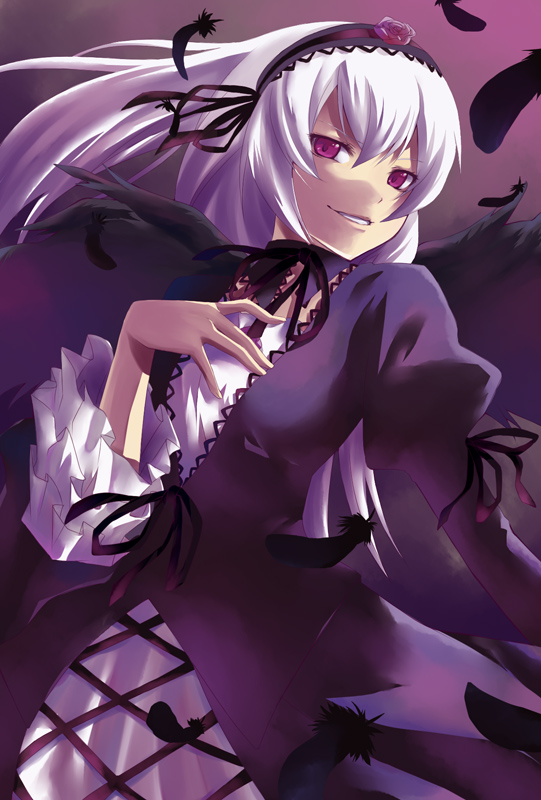hijiki (hijikini), hijikini, suigintou, rozen maiden, silver hair, bad id, bad pixiv id, 00s, 1girl, black dress, black wings, cross-laced clothes, dress, feathers, female focus, frilled sleeves, frills, hairband, hijiniki, lolita hairband, long hair, long sleeves, looking at viewer, shaded face, solo, upper body, very long hair, wings