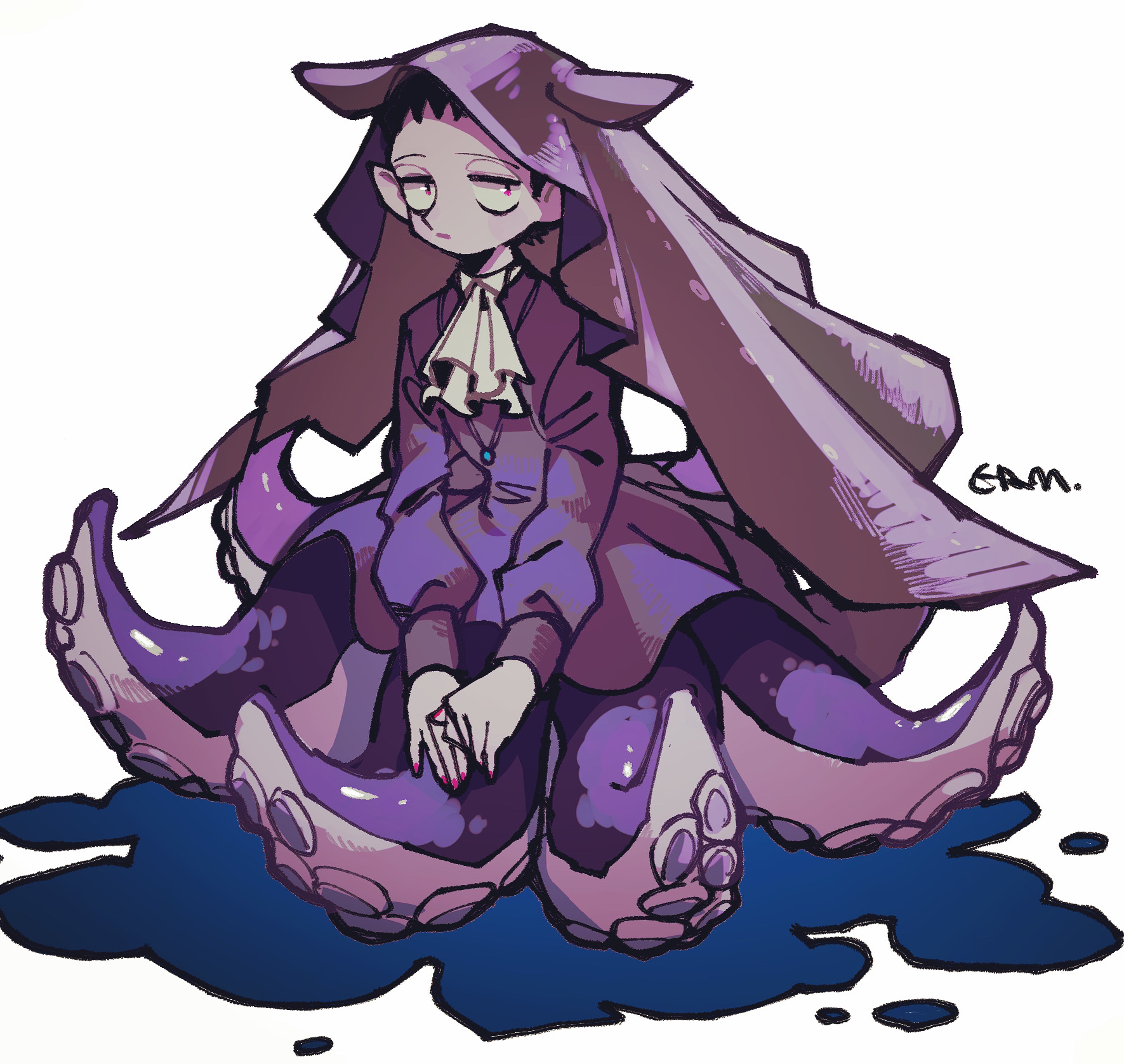erm nkcn, draluc (kyuuketsuki sugu shinu), kyuuketsuki sugu shinu, commentary request, highres, 1boy, ascot, bracelet, closed mouth, colored skin, expressionless, full body, jewelry, long sleeves, looking at viewer, monster boy, monsterification, octopus boy, purple shirt, purple skin, red eyes, shirt, signature, simple background, solo, veil, white ascot, white background