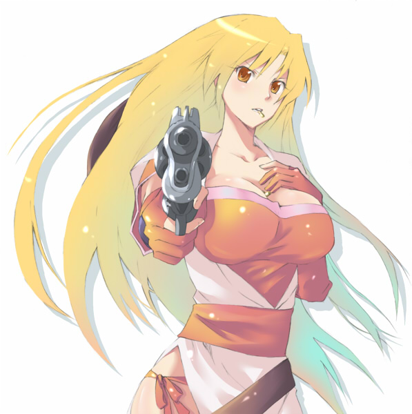 hijiki (hijikini), hijikini, tendou rushuna, grenadier (manga), 00s, 1girl, aiming, aiming at viewer, blonde hair, breasts, brown eyes, cleavage, female focus, gloves, gun, large breasts, long hair, mouth hold, panties, side-tie panties, side slit, solo, underwear, weapon