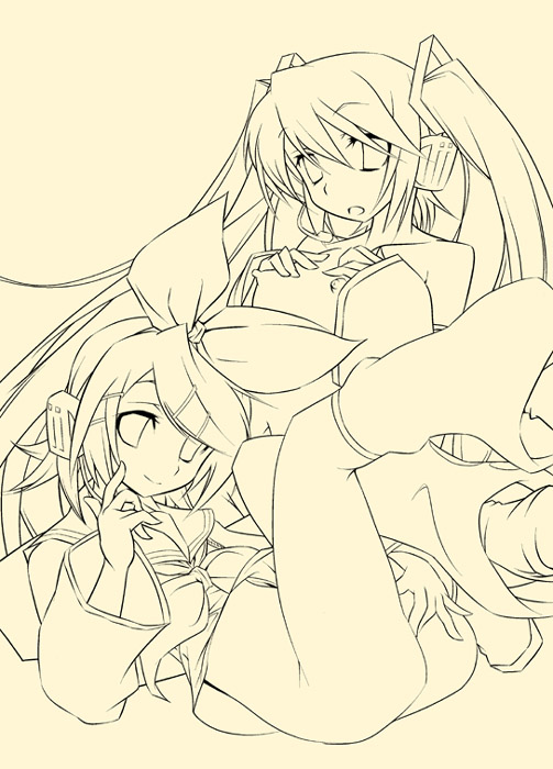 hermmy, hatsune miku, kagamine rin, vocaloid, beige background, 2girls, bottomless, detached sleeves, female masturbation, hair ornament, hair ribbon, hairband, hairclip, headgear, legs up, long sleeves, looking at viewer, masturbation, monochrome, multiple girls, ribbon, simple background, smile, swept bangs, twintails, yellow background