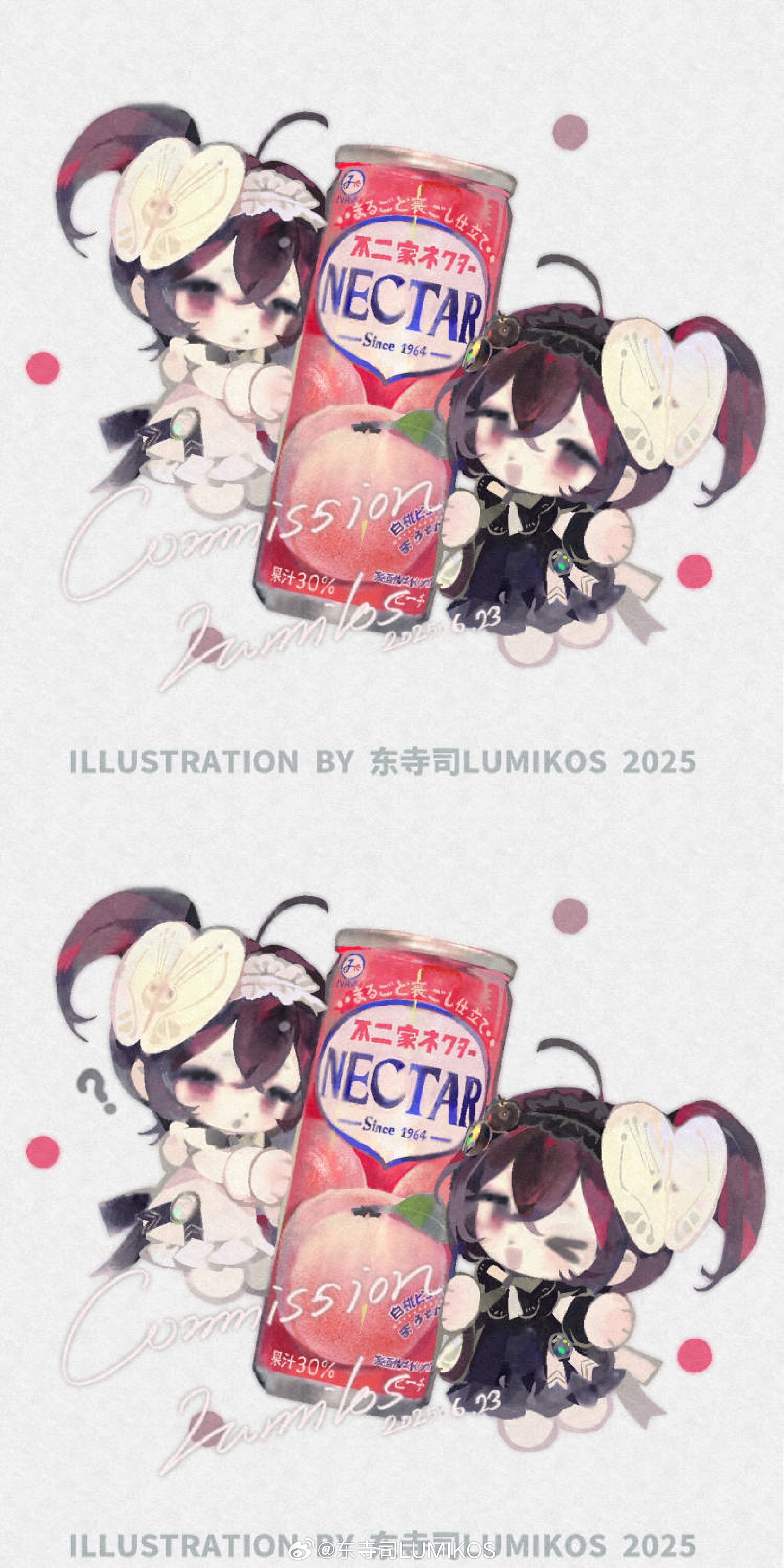lumikos, original, absurdres, highres, variant set, ahoge, black dress, blush, bottle, can, chibi, closed eyes, closed mouth, dress, drink can, english text, food, frilled dress, frills, hair between eyes, hair ornament, hairband, heart, heart hair ornament, holding, holding can, lolita fashion, long hair, mini person, multiple expressions, multiple girls, multiple views, open mouth, red hair, sample watermark, side ponytail, simple background, smile, watermark, white dress