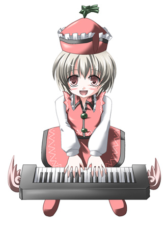 subaru noji, lyrica prismriver, touhou, lowres, 1girl, chibi, female focus, full body, hat, instrument, keyboard, keyboard (instrument), short hair, simple background, solo