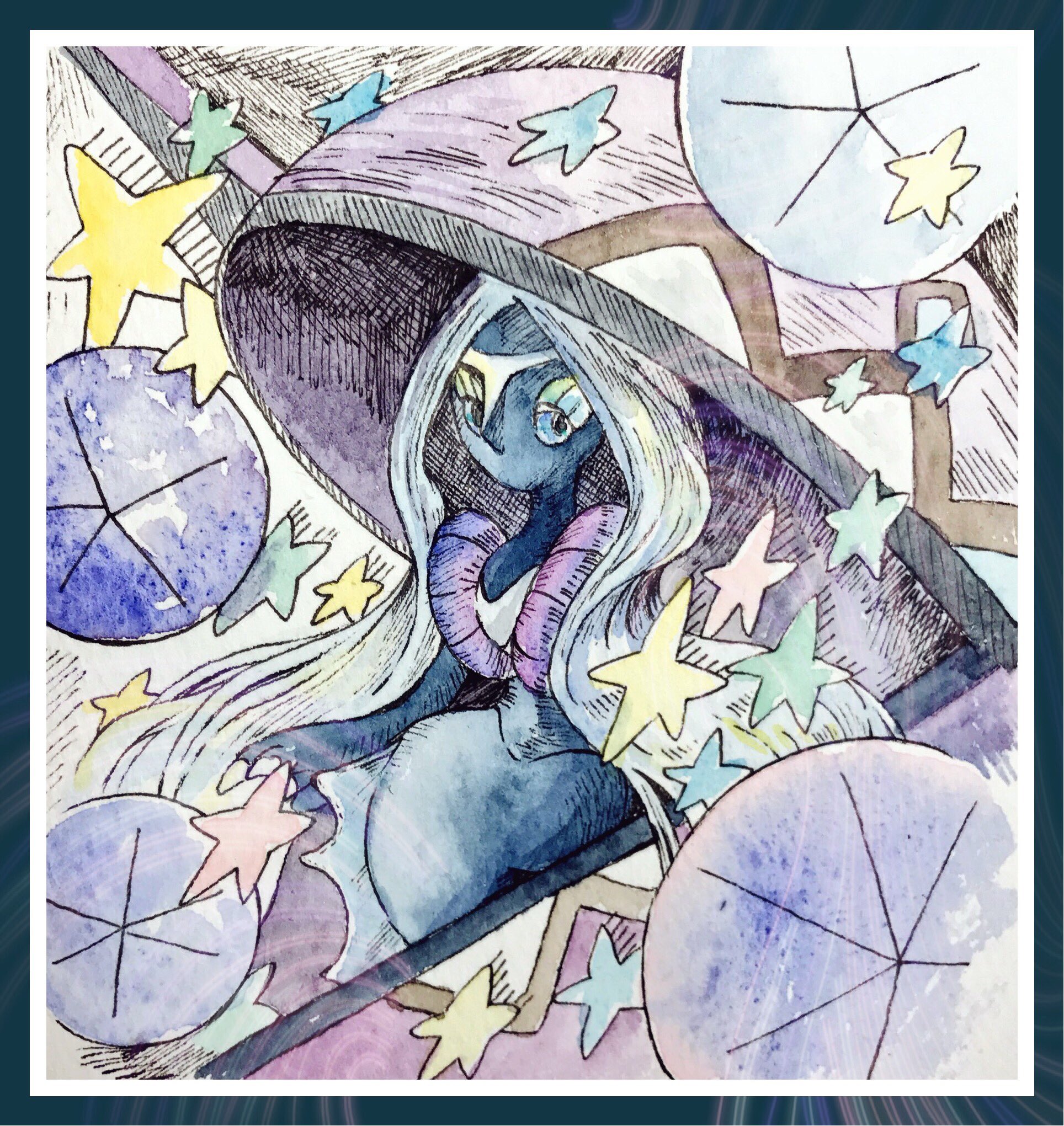 mint nappa, tapu fini, nintendo, pokemon, commentary request, highres, painting (medium), traditional media, watercolor (medium), 1girl, blue border, blue eyes, blue skin, border, claws, colored skin, gen 7 pokemon, legendary pokemon, long hair, looking at viewer, no mouth, pokemon (creature), solo, star (symbol), very long hair