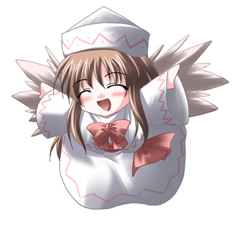 subaru noji, lily white, touhou, lowres, 1girl, chibi, closed eyes, female focus, flying, full body, outstretched arms, simple background, smile, solo, spread arms, white background