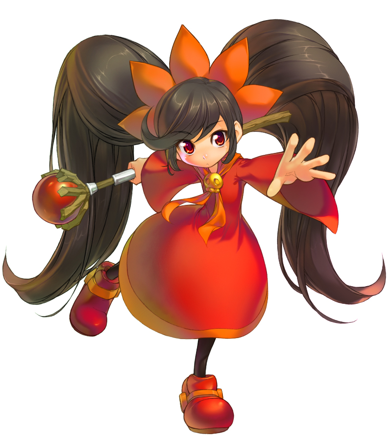 onono imoko, ashley (warioware), nintendo, warioware, 1girl, big hair, black pantyhose, dress, female focus, full body, long hair, pantyhose, red eyes, red shoes, shoes, simple background, skull, solo, staff, twintails, very long hair, white background