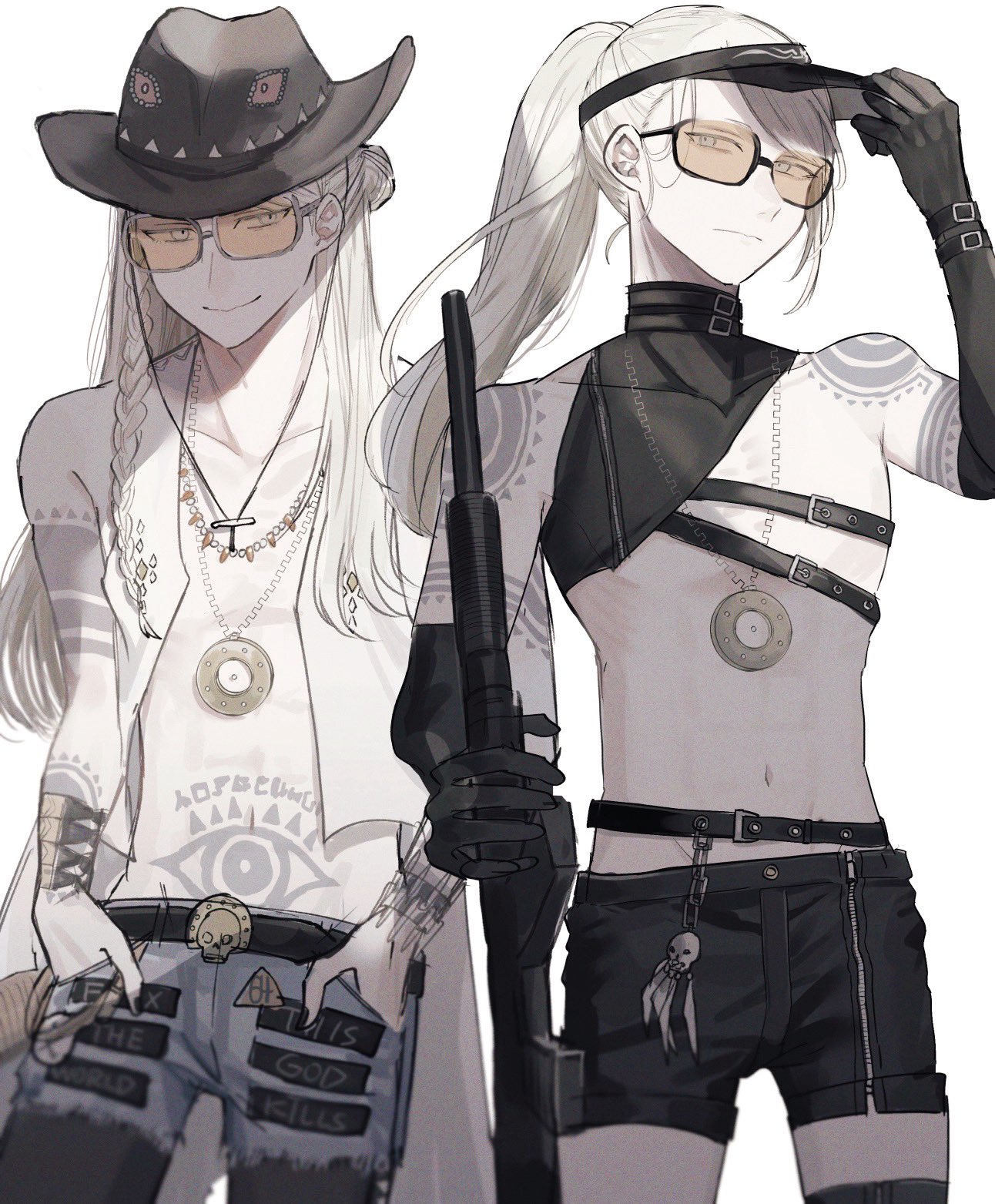 i tami sumi, tezcatlipoca (fate), tezcatlipoca (wild gunman) (fate), fate/grand order, fate (series), highres, 2boys, belt, black gloves, black hat, black leggings, blonde hair, chest belt, cowboy hat, cowboy shot, denim, denim shorts, elbow gloves, gloves, gun, hands in pockets, hat, holding, holding gun, holding weapon, jewelry, leggings, long hair, looking at viewer, male focus, medallion, multiple boys, navel, necklace, open clothes, open vest, orange-tinted eyewear, shorts, simple background, skull ornament, sunglasses, tattoo, tezcatlipoca (summer break) (fate), tinted eyewear, vest, weapon, white background, white vest, wide brim, zipper top