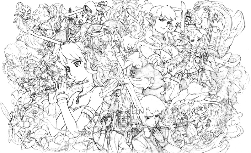 miyata ryuuichi, ryuichi, original, bad id, bad pixiv id, 6+boys, 6+girls, blush, breasts, cleavage, closed mouth, collarbone, detached sleeves, dress, expressionless, frills, greyscale, jewelry, long sleeves, looking afar, looking at viewer, medium breasts, monochrome, multiple boys, multiple girls, necklace, own hands together, pendant, serious, short hair, small breasts, smile, smirk, strapless, strapless dress, twintails, upper body, wrist cuffs