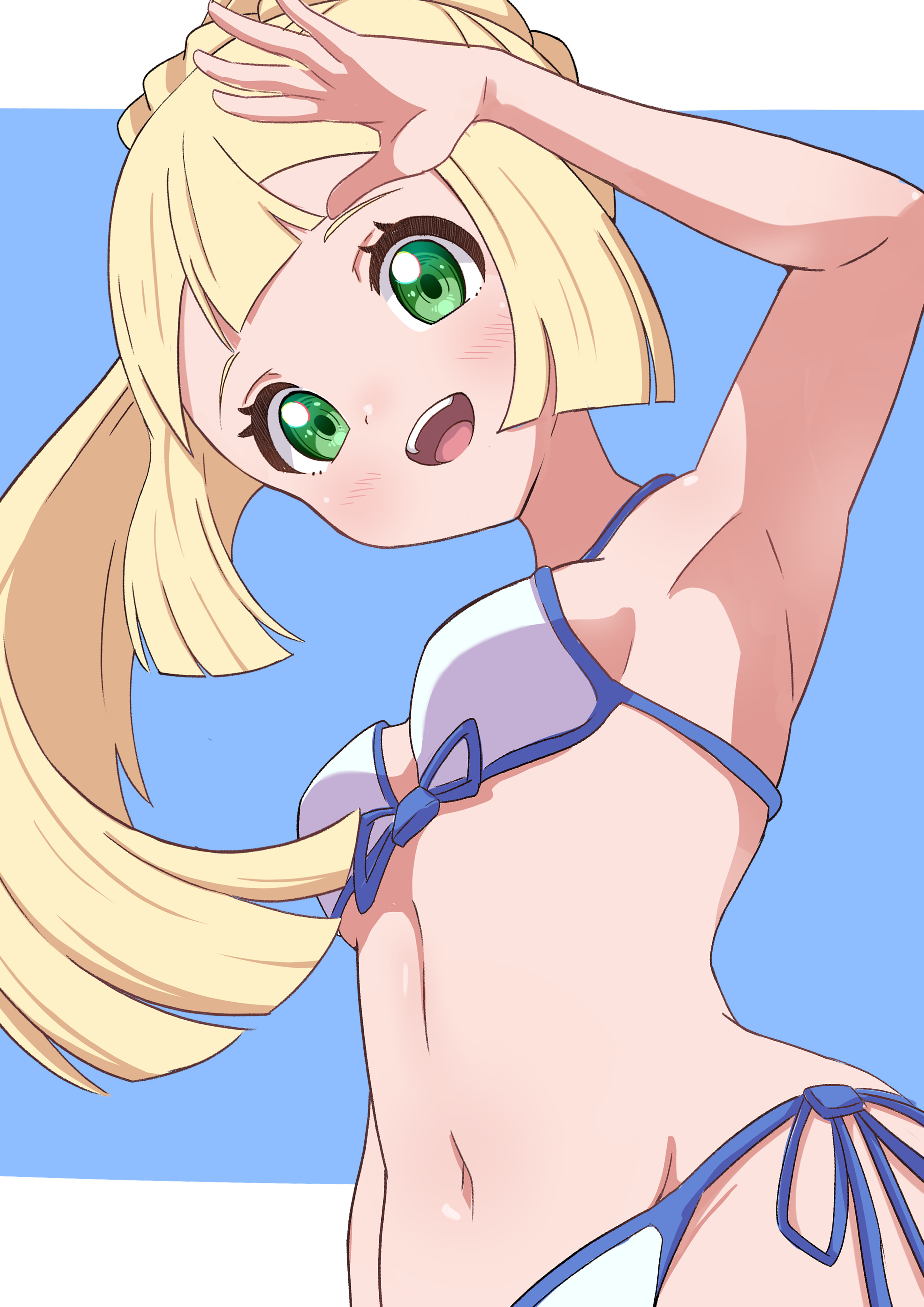 rono (lethys), lillie (pokemon), pokemon, pokemon sm, absurdres, highres, alternate costume, bikini, blonde hair, breasts, green eyes, small breasts, solo, swimsuit