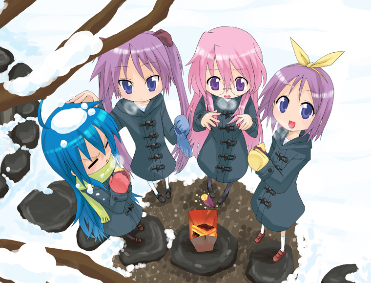 katou kouki, hiiragi kagami, hiiragi tsukasa, izumi konata, takara miyuki, lucky star, black legwear, 00s, 4girls, = =, closed eyes, glasses, he3, mole, mole under eye, multiple girls, pantyhose, sisters, snow, twins