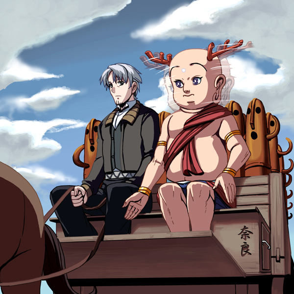 kouno (masao), craft lawrence, sento-kun, spice and wolf, silver hair, 00s, 2boys, afterimage, animal, antlers, armlet, bald, black jacket, black pants, black vest, blue eyes, blue sky, box, bracer, bright pupils, buttons, cart, cloud, day, green eyes, horns, horse, jacket, jewelry, long sleeves, looking at viewer, male focus, multiple boys, nara mascot, open clothes, open jacket, outdoors, pants, reins, serious, shirt, sitting, sky, statue, vest, white shirt