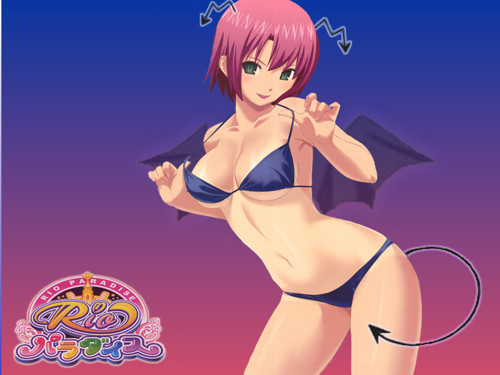 koutaro, rio rollins, super blackjack, 1girl, :p, antennae, bikini, bikini pull, clothes pull, female focus, gradient background, leaning forward, naughty face, one-piece tan, solo, strap lift, swimsuit, tail, tan, tanline, tongue, tongue out, wings